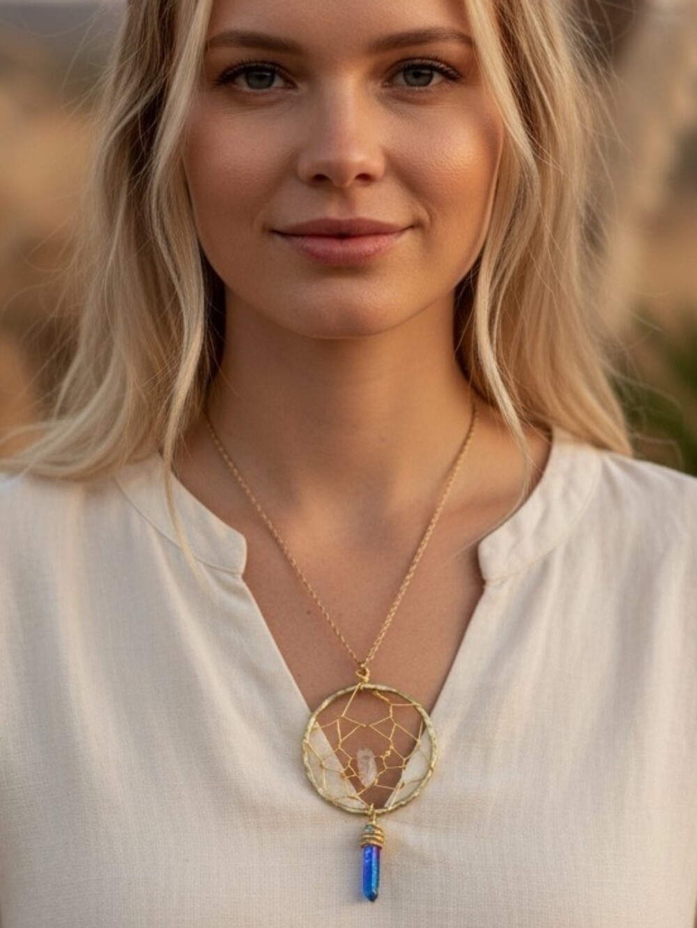 Long Metallic Blue Quartz Dream Catcher Necklace